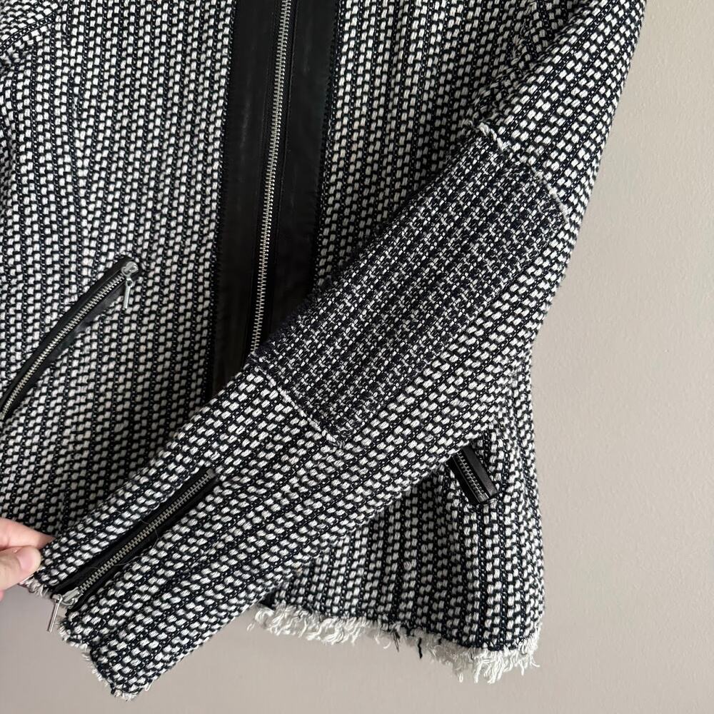 ❌SOLD❌ Rebecca Taylor Black and White Tweed Lamb Leather Trim Zip Jacket Blazer - Picture 9 of 11